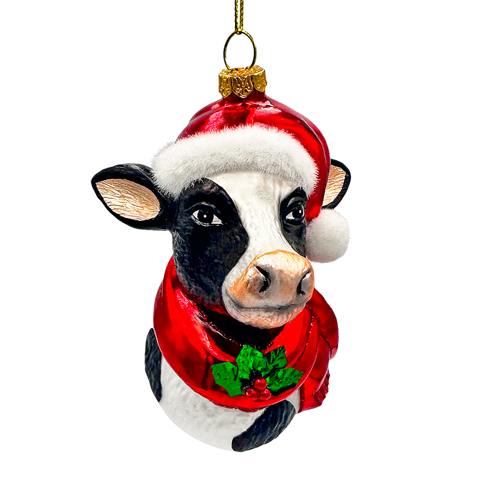 Festive Cow in Wreath Blown Glass Christmas Ornament