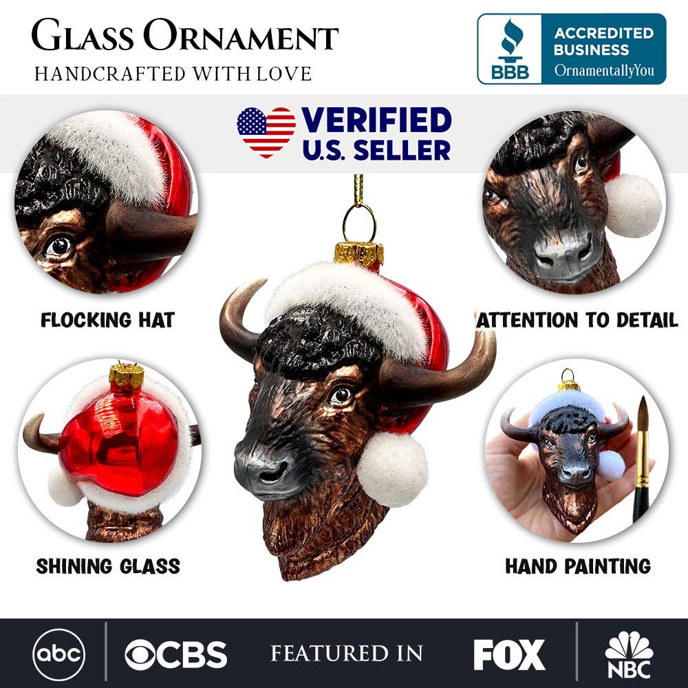 Festive Bison Glass Christmas Ornament, Buffalo Western