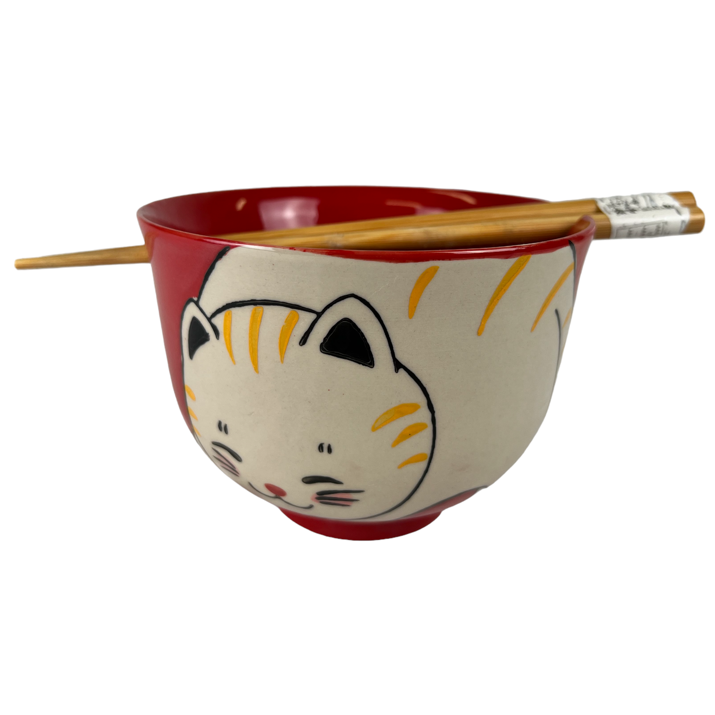 18oz 5"D Donburi Bowl With Chopsticks Set Chubby Cat Design Red (4/16)