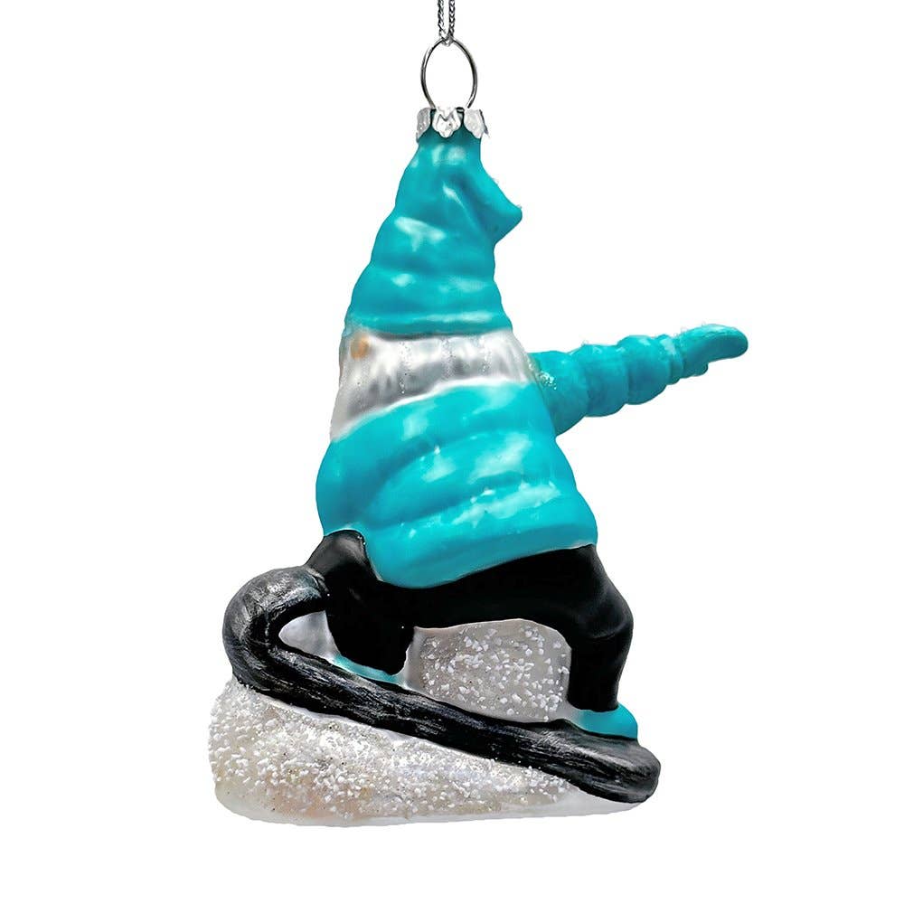 Snowboarding Gnome Glass Christmas Ornament, Blue Aspen