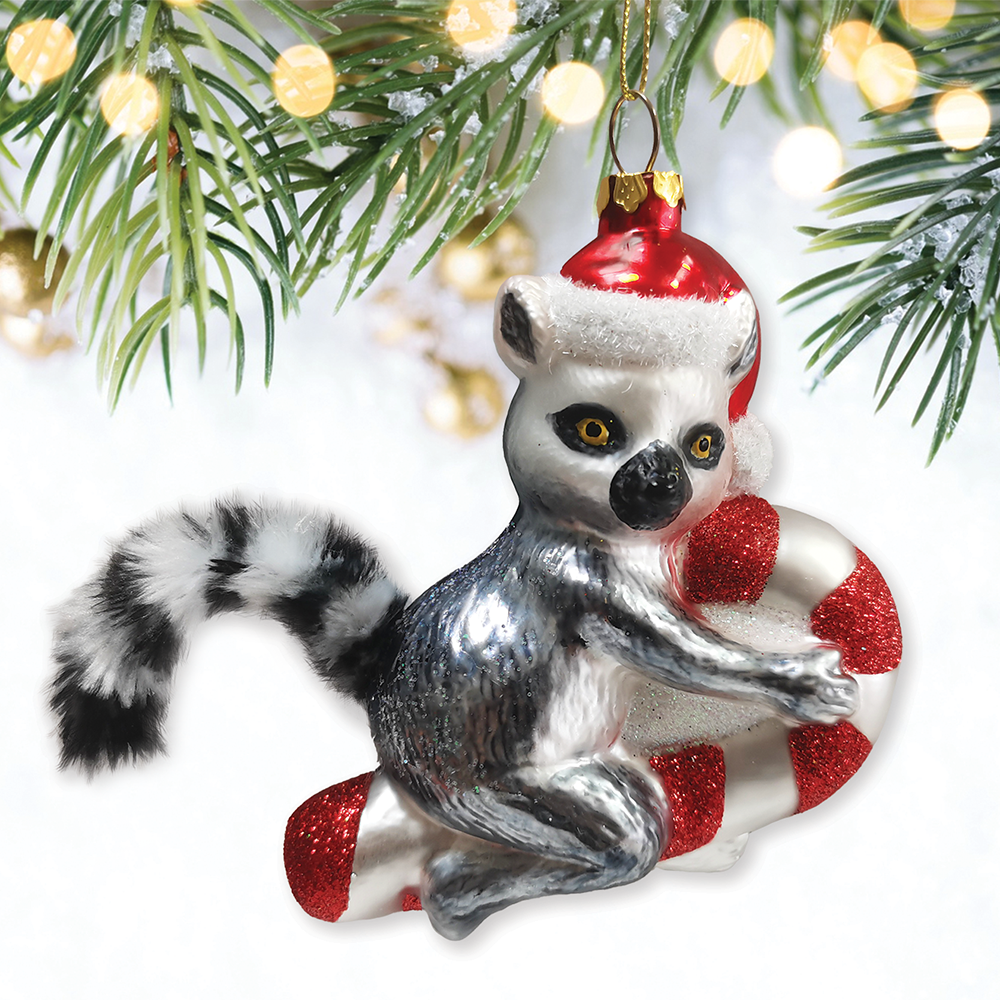 Lemur Draped in Christmas Fun Glass Christmas Ornament