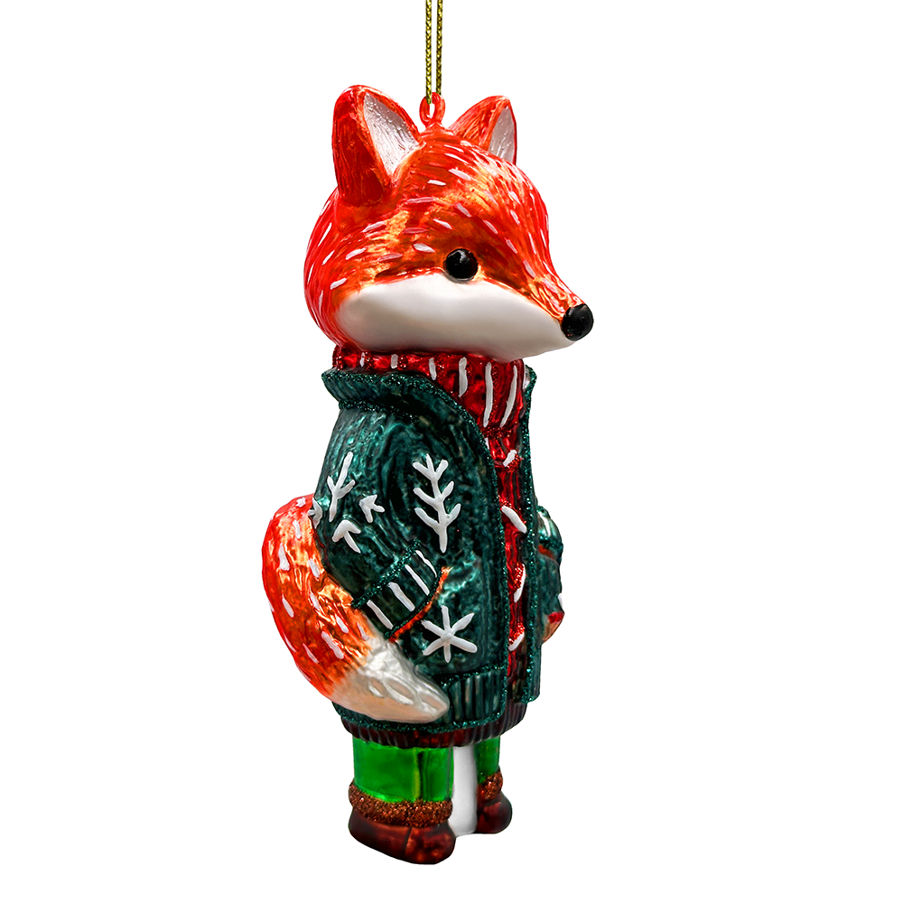 Red Nordic Fox in Sweater Glass Ornament, Scandinavian Decor