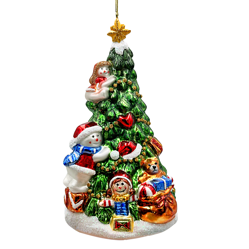 Festive Snowman and Christmas Tree Glass Ornament