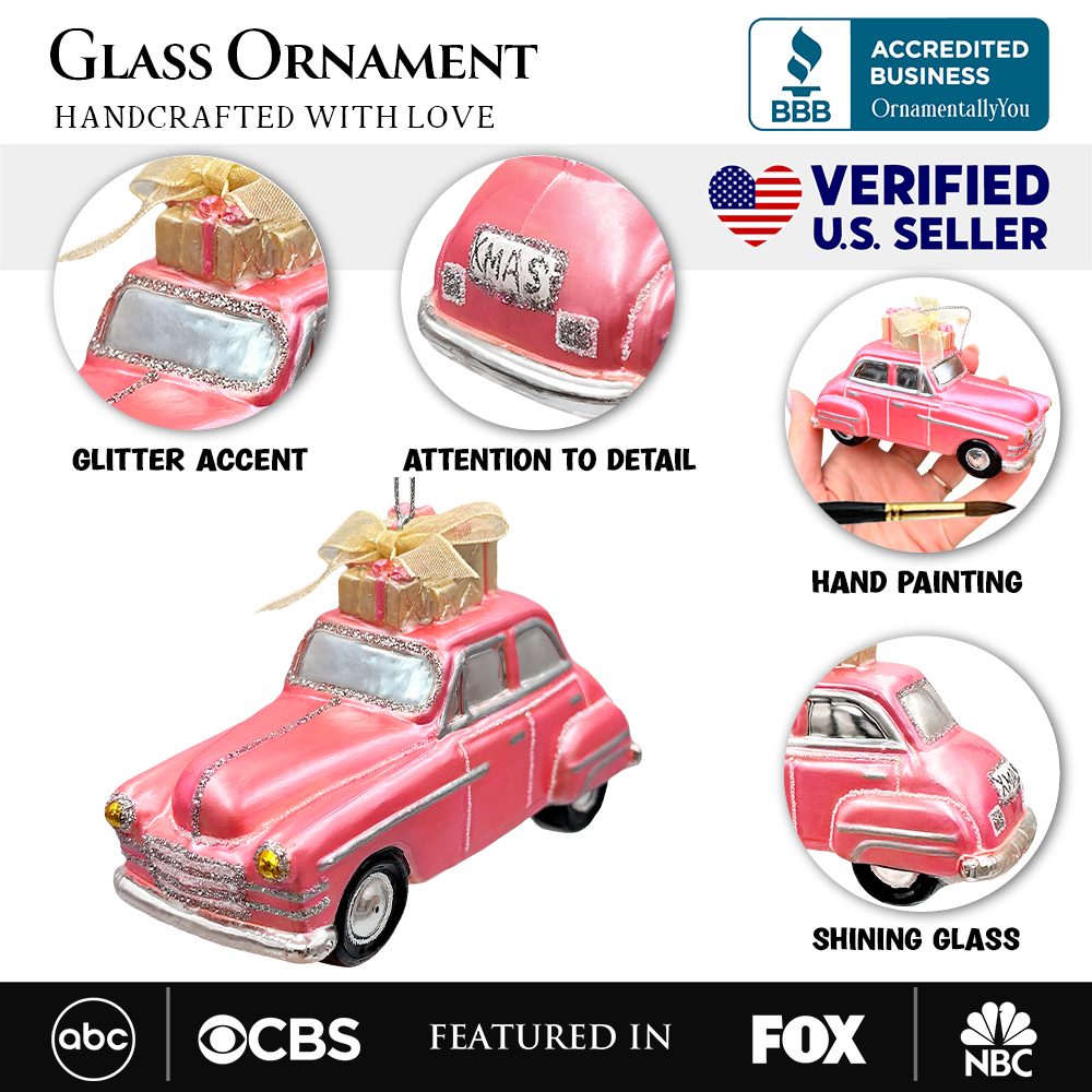 Nostalgic Pink Car Glass Christmas Ornament, Vintage Classic