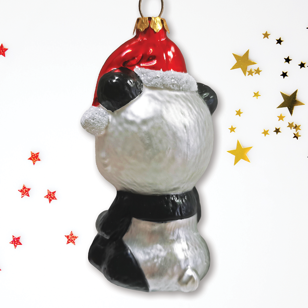 Cute Panda with Santa Hat and Gift Blown Glass Ornament