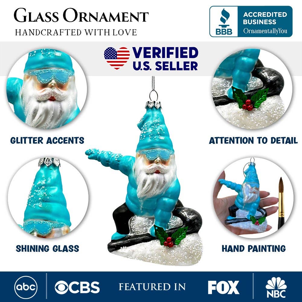 Snowboarding Gnome Glass Christmas Ornament, Blue Aspen