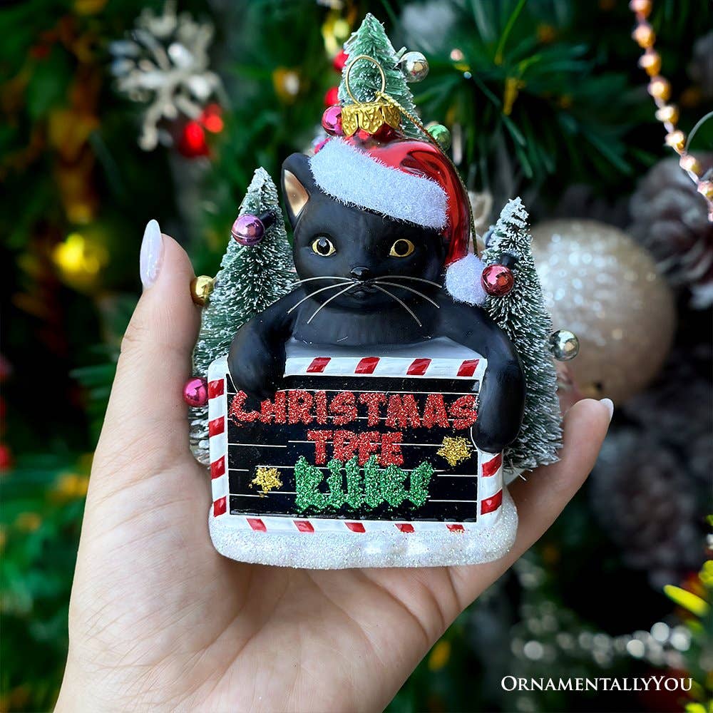 Christmas Tree Killer Funny Black Cat Glass Ornament