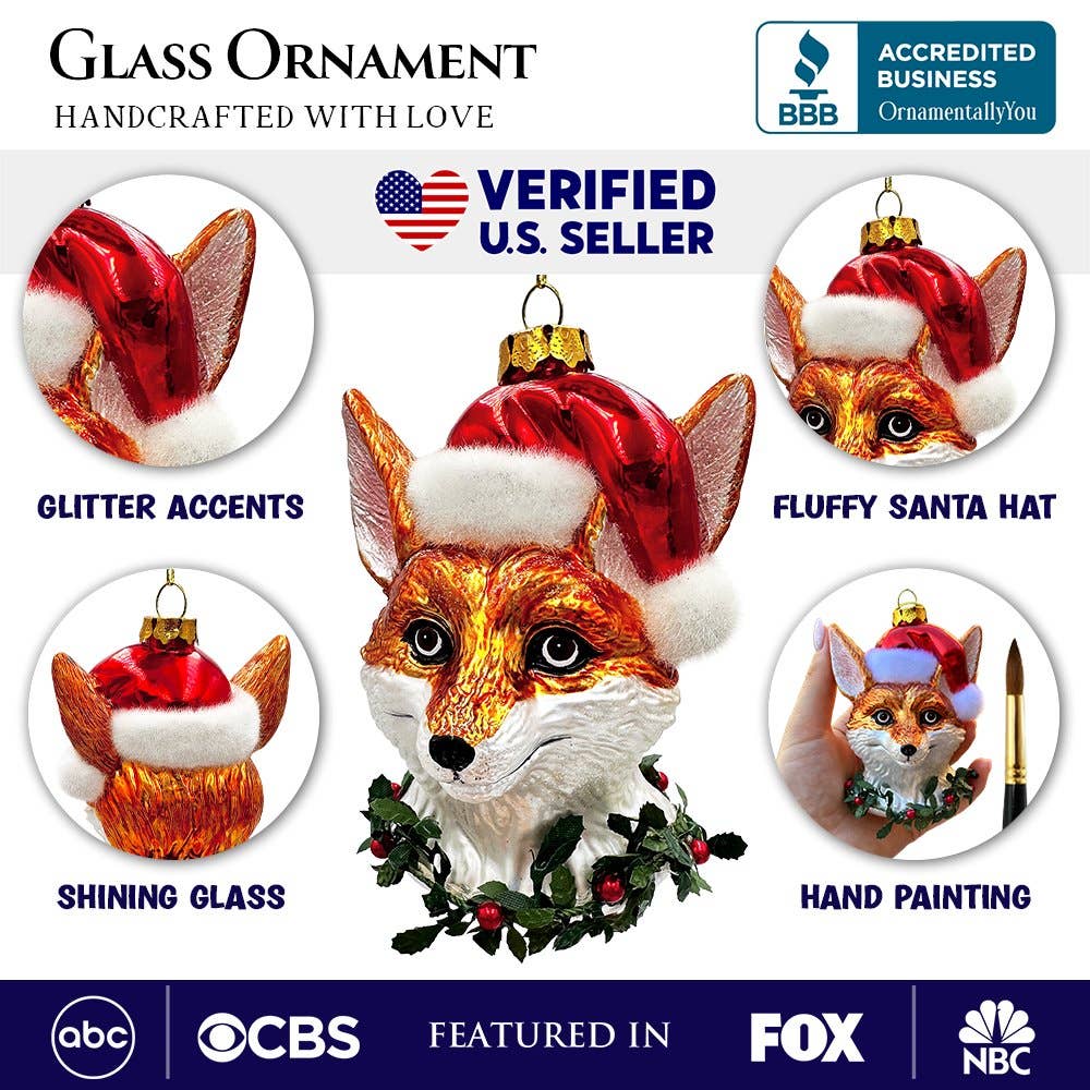 Fox with Santa Hat Glass Christmas Ornament, Woodland Animal