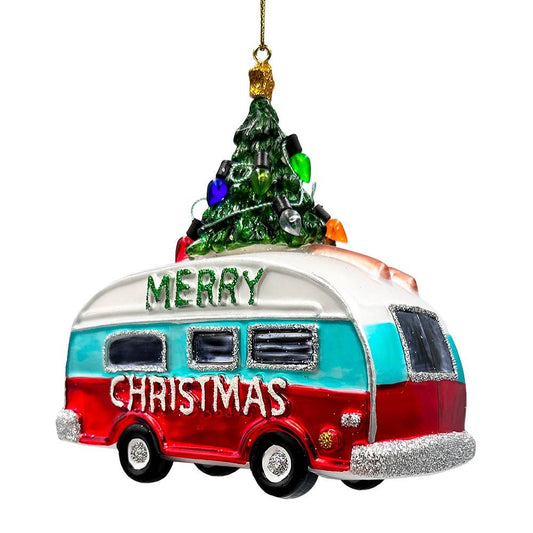 Camping RV Glass Christmas Ornament, Camper Trailer