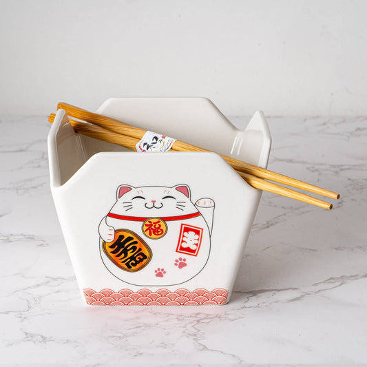 16oz 5"W x 4"H Takeout Box Serving Bowl With Chopsticks Lucky Cat (1/24)