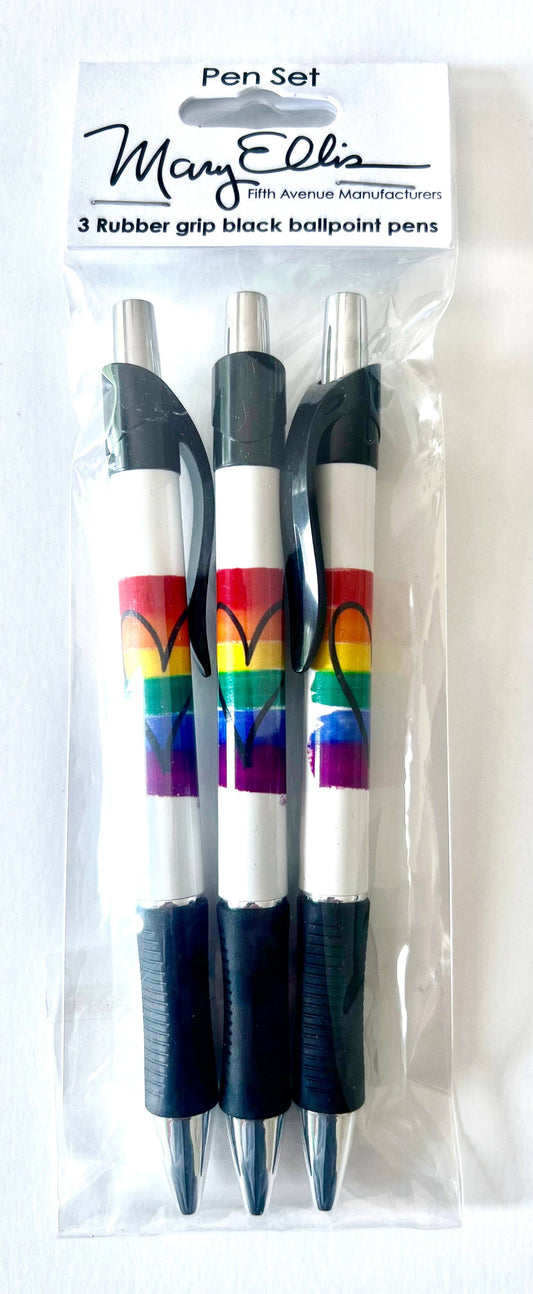 Mary Ellis - Rainbow Heart Pen Set of 3 Grip Pens | LGBTQ Pride Gift