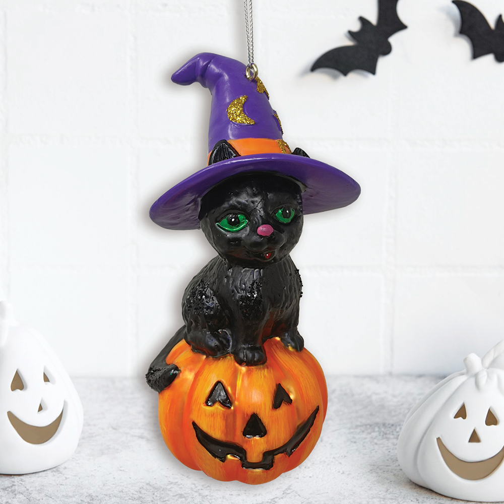 Black Cat on Pumpkin Spooky Glass Christmas Ornament
