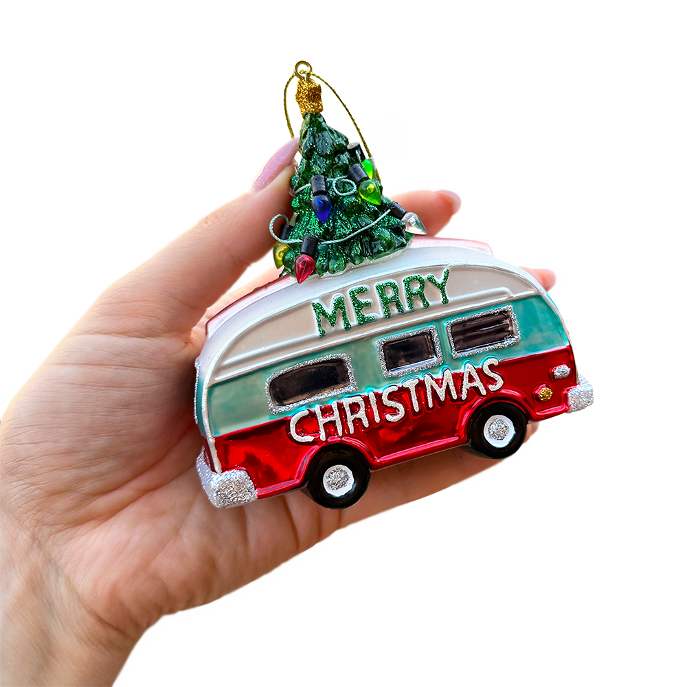 Camping RV Glass Christmas Ornament, Camper Trailer