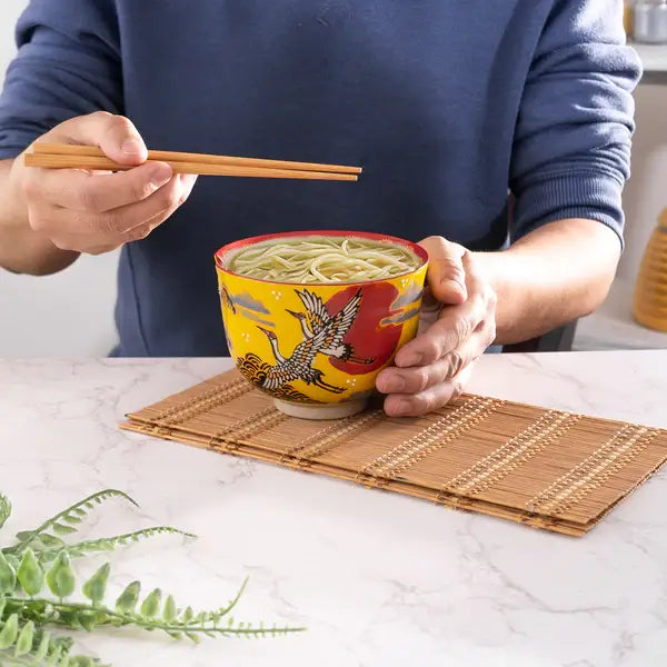 Japanese Crane Design 18oz 5.25"D Bowl With Chopsticks Set