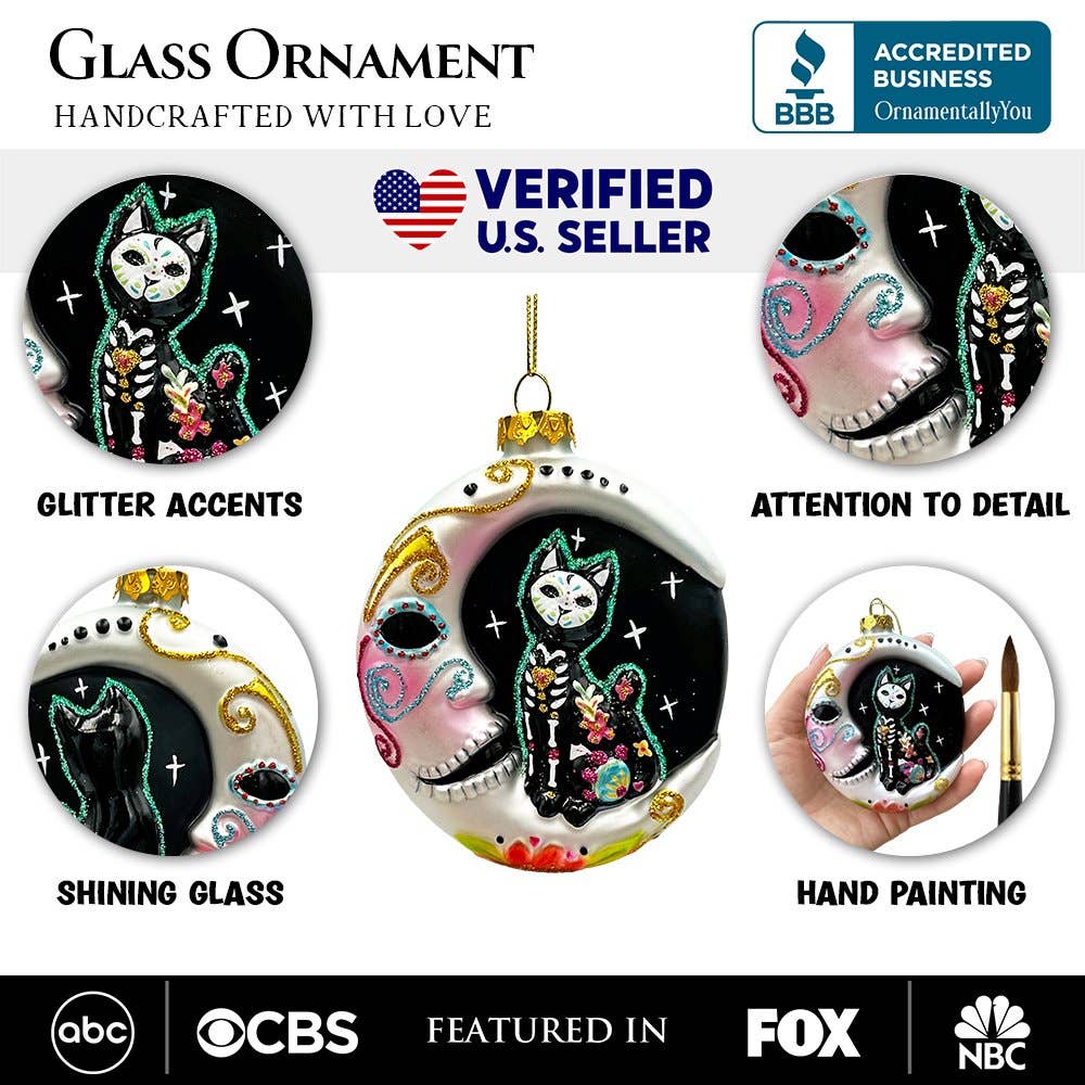 Folkloric Siamese Cat Sugar Skull Glass Ornament
