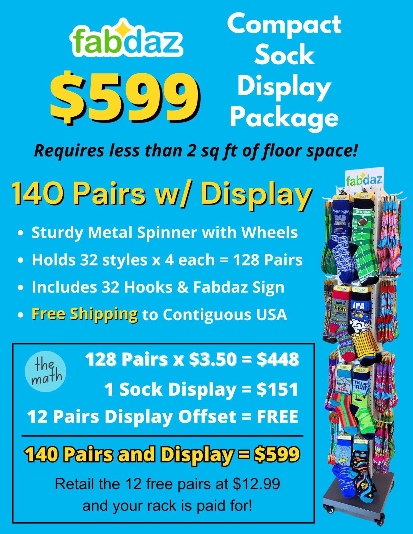 Compact Socks Display Package - Includes 140 Pairs of Socks