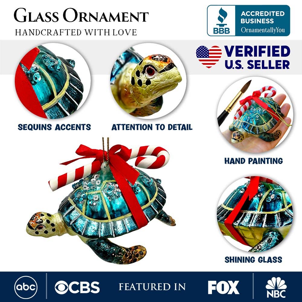 Nautical Gift Wrapped Sea Turtle Glass Christmas Ornament