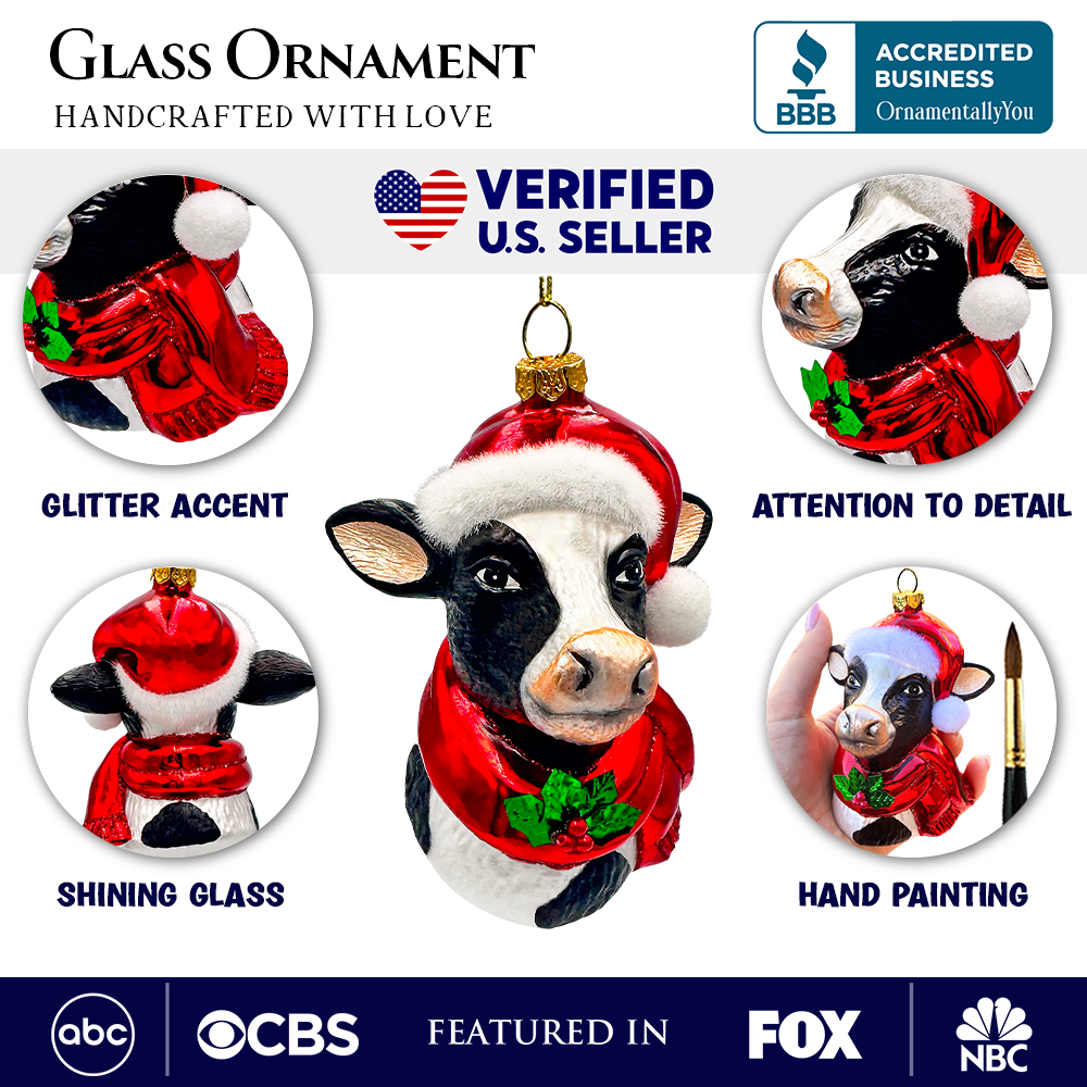 Festive Cow in Wreath Blown Glass Christmas Ornament
