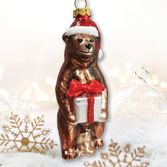 Grizzly Bear with Santa Hat and Gift Glass Ornament