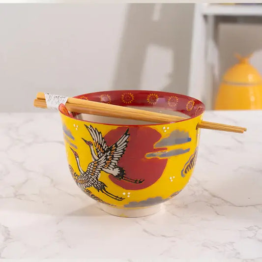 Japanese Crane Design 18oz 5.25"D Bowl With Chopsticks Set