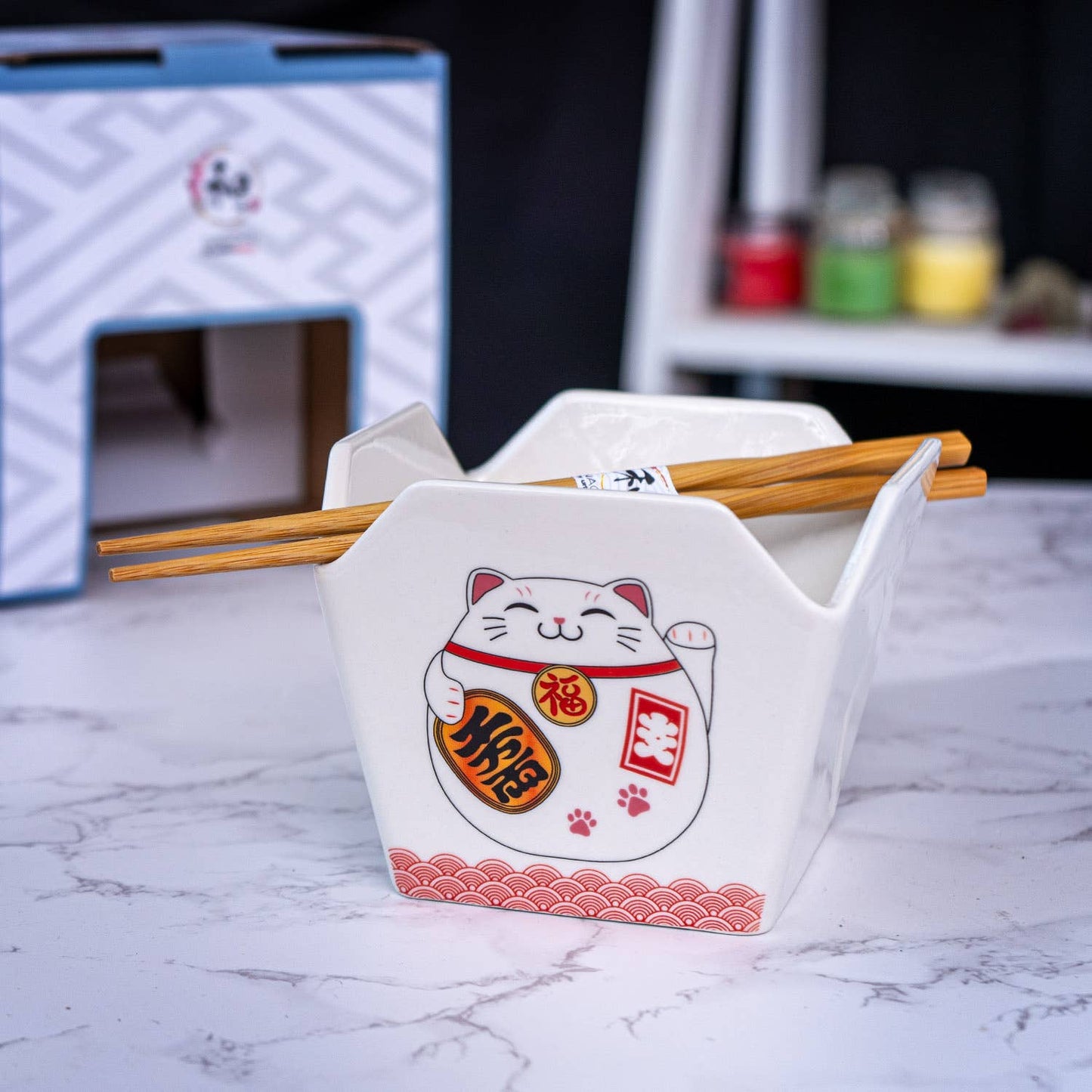 16oz 5"W x 4"H Takeout Box Serving Bowl With Chopsticks Lucky Cat (1/24)