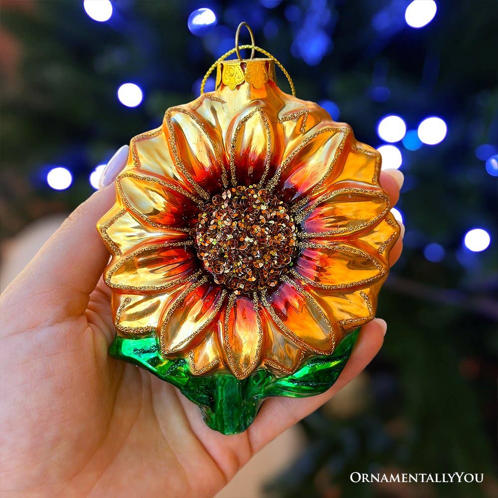 Glossy Charming Sunflower Glass Christmas Ornament