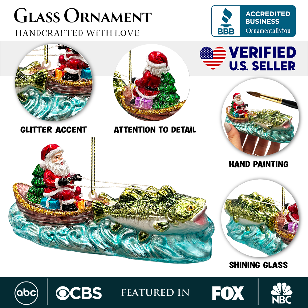 Santa's Fishing Adventure Glass Christmas Ornament