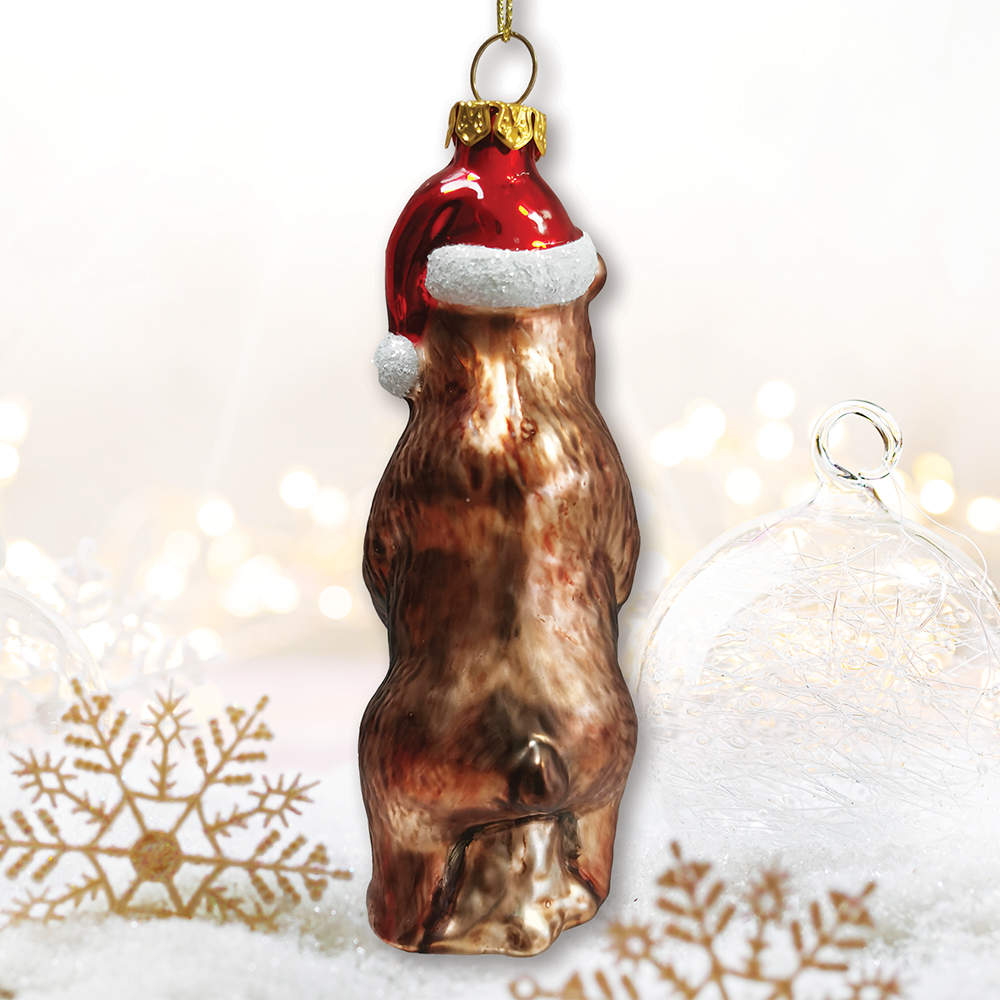 Grizzly Bear with Santa Hat and Gift Glass Ornament