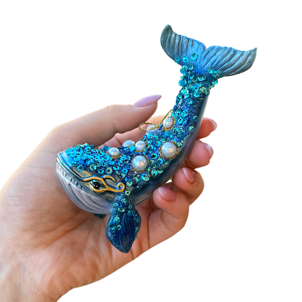 Dazzling Blue Whale Glass Ornament, Glitter and Rhinestones