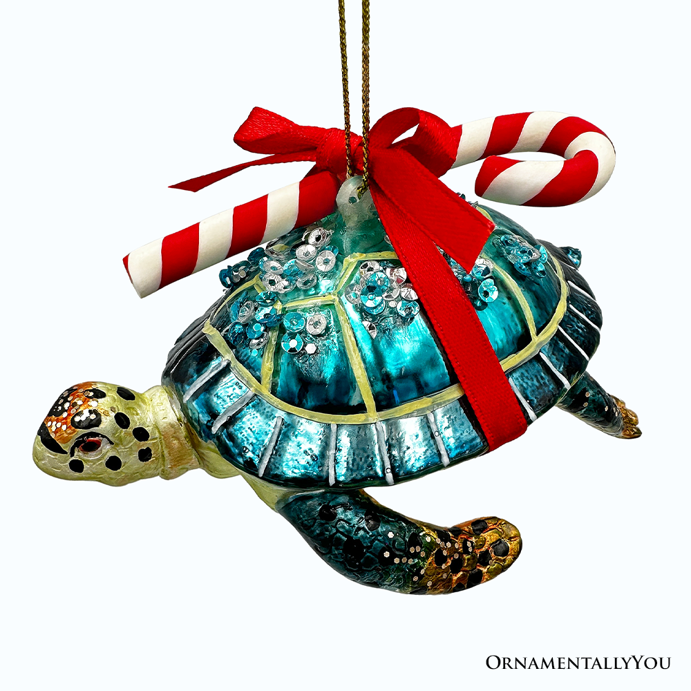 Nautical Gift Wrapped Sea Turtle Glass Christmas Ornament