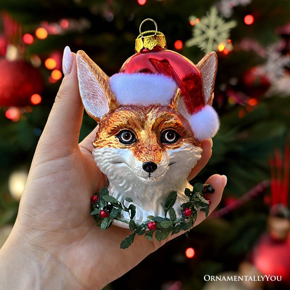 Fox with Santa Hat Glass Christmas Ornament, Woodland Animal