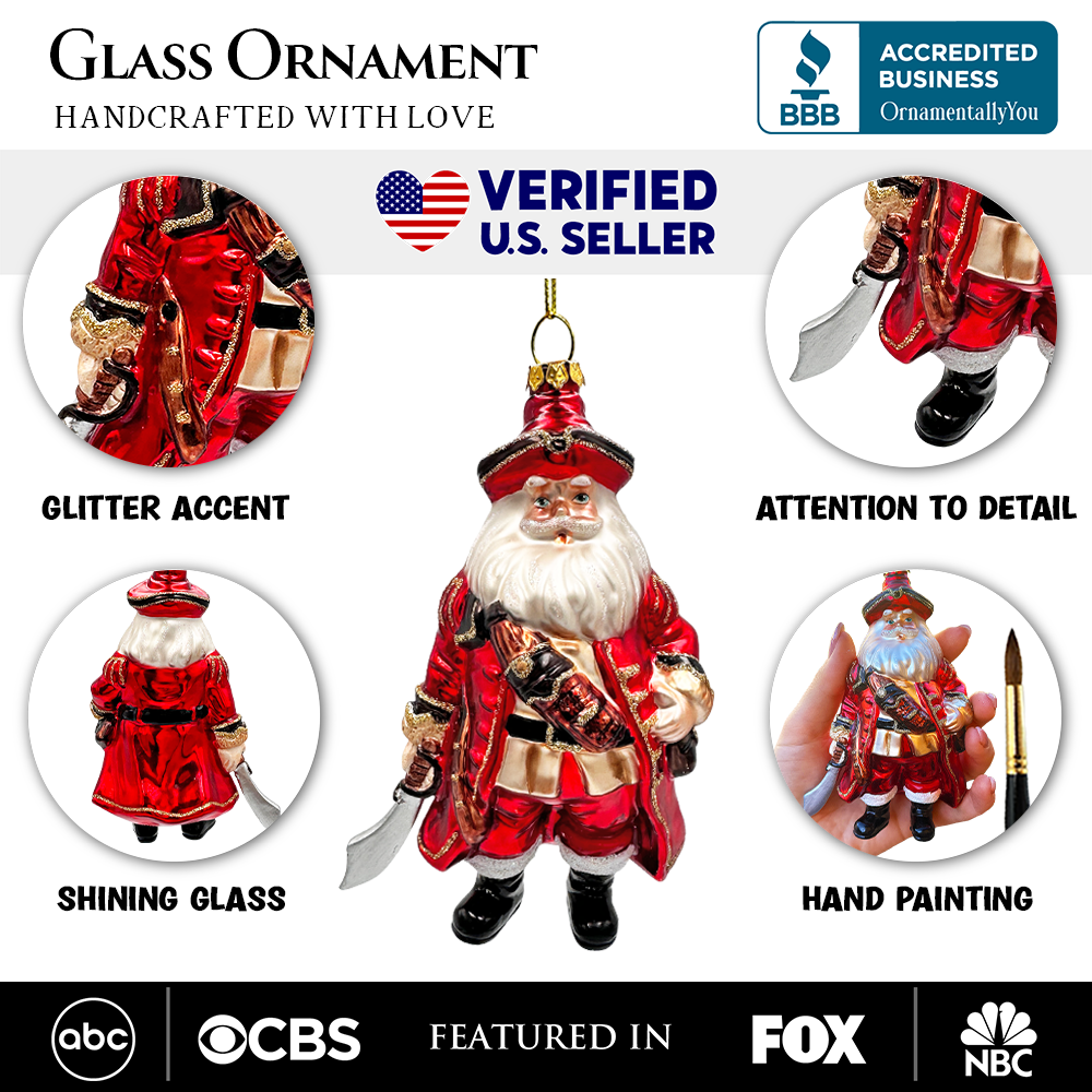 Santa Pirate Glass Christmas Ornament, Sea Sailor Bandit