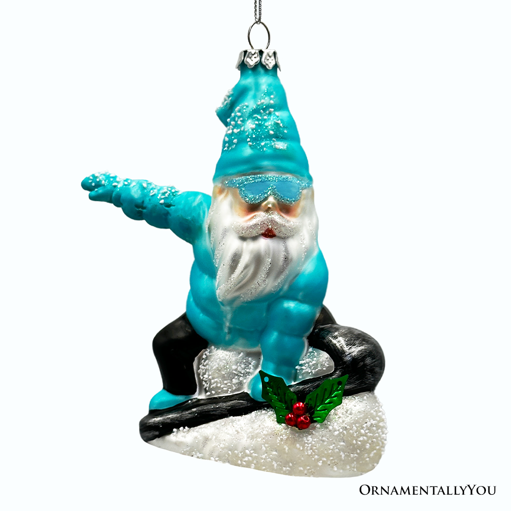 Snowboarding Gnome Glass Christmas Ornament, Blue Aspen
