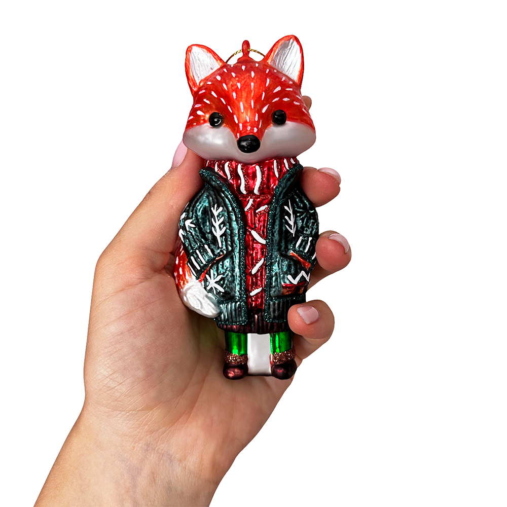 Red Nordic Fox in Sweater Glass Ornament, Scandinavian Decor