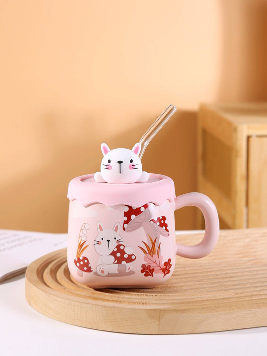 Rabbit Mushrooms 13oz Mug With Lid and Straw