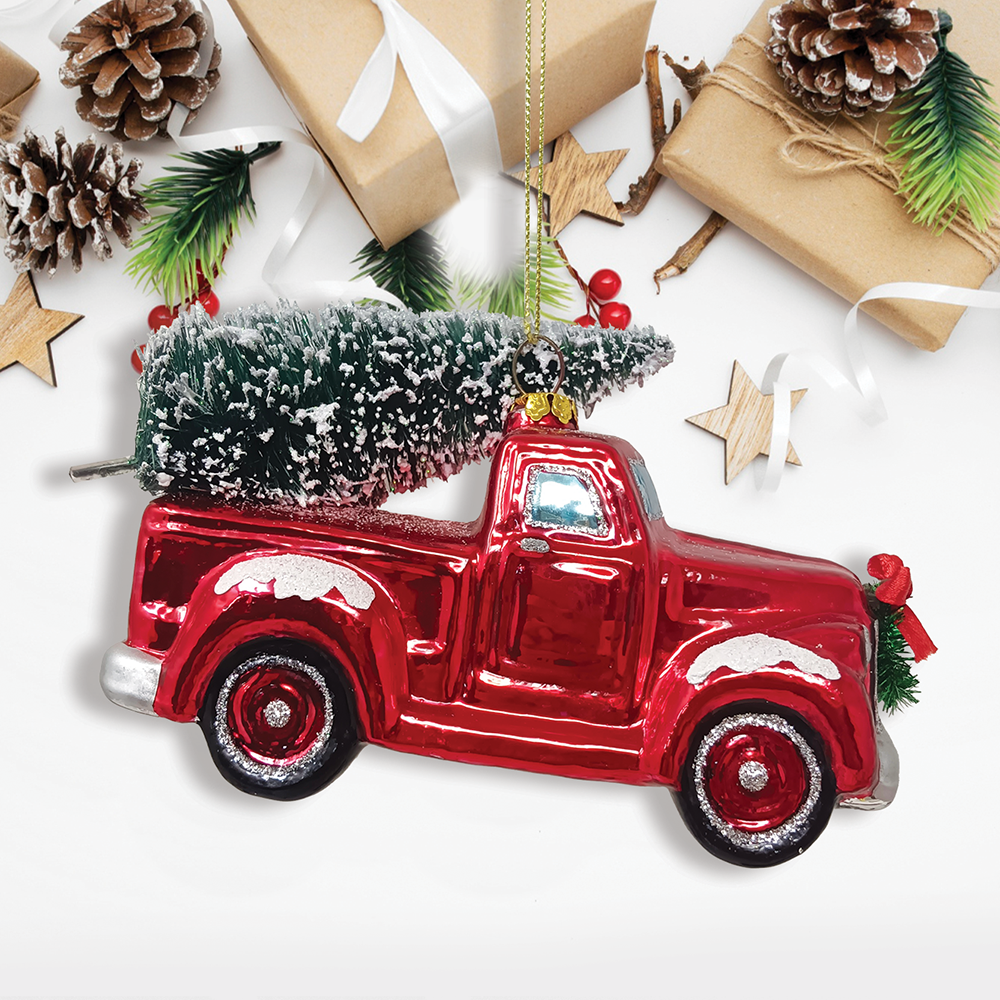 Traditional Red Truck Ornament with Ornamental Tree Glass