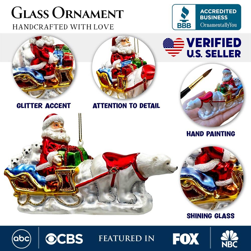 Polar Bear Santa Sleigh Glass Christmas Ornament