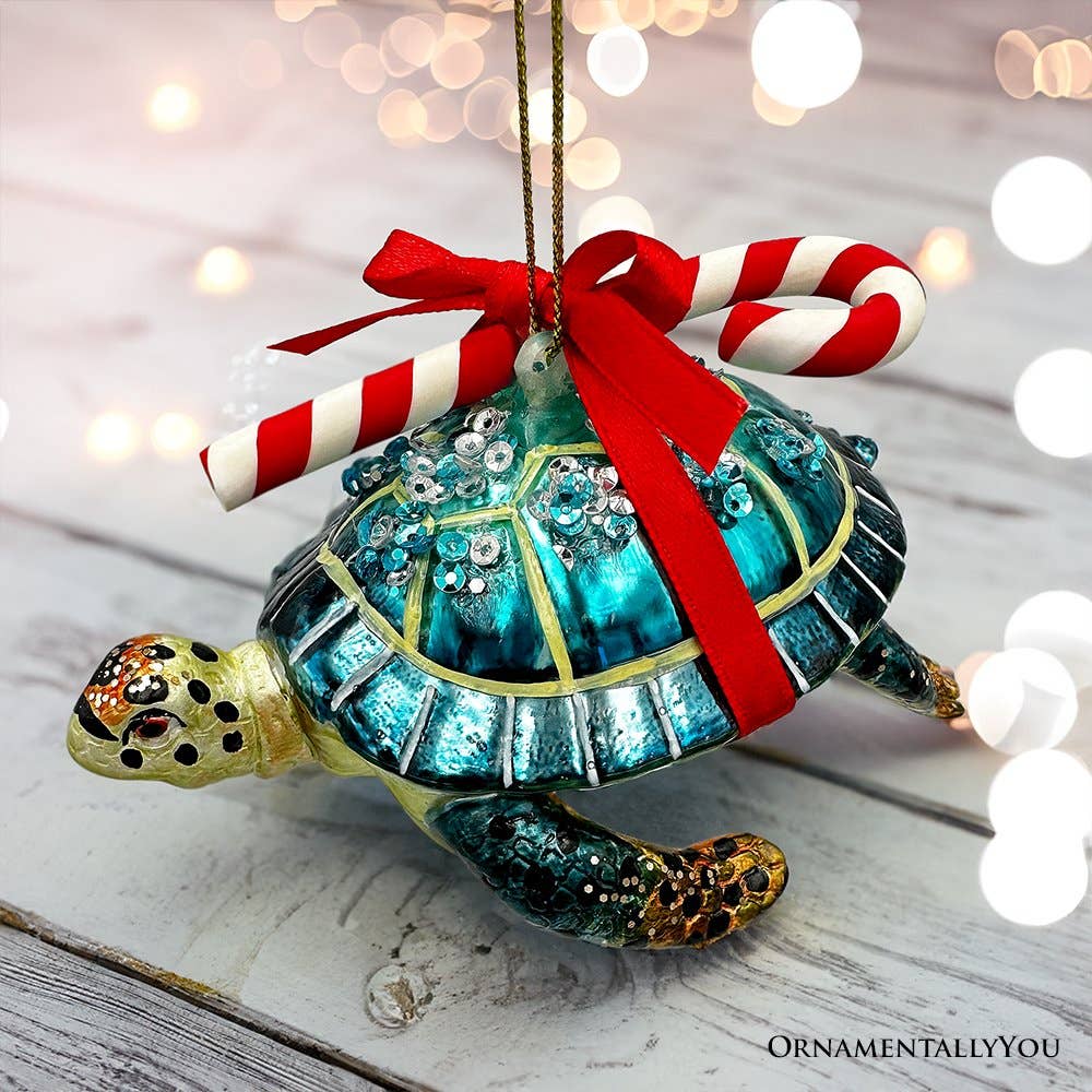 Nautical Gift Wrapped Sea Turtle Glass Christmas Ornament