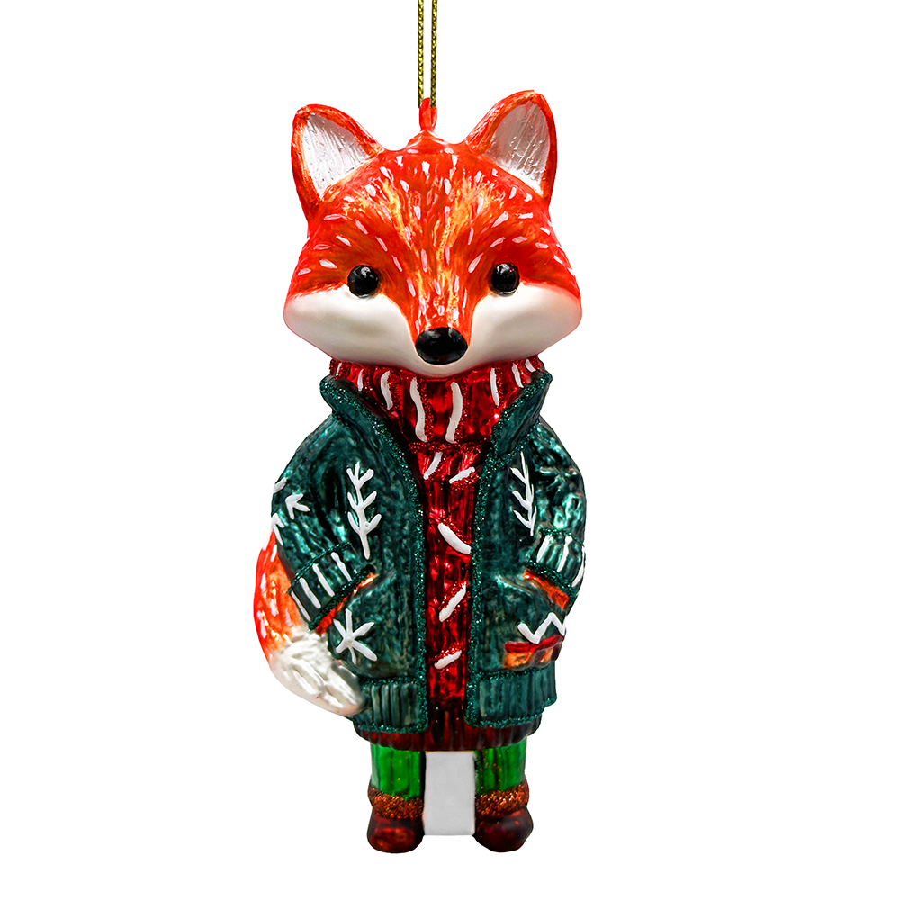 Red Nordic Fox in Sweater Glass Ornament, Scandinavian Decor