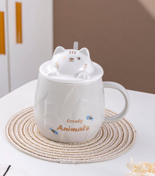 Urban Tokyo - Adorable Cat 14oz Mug With Lid and Straw Gray