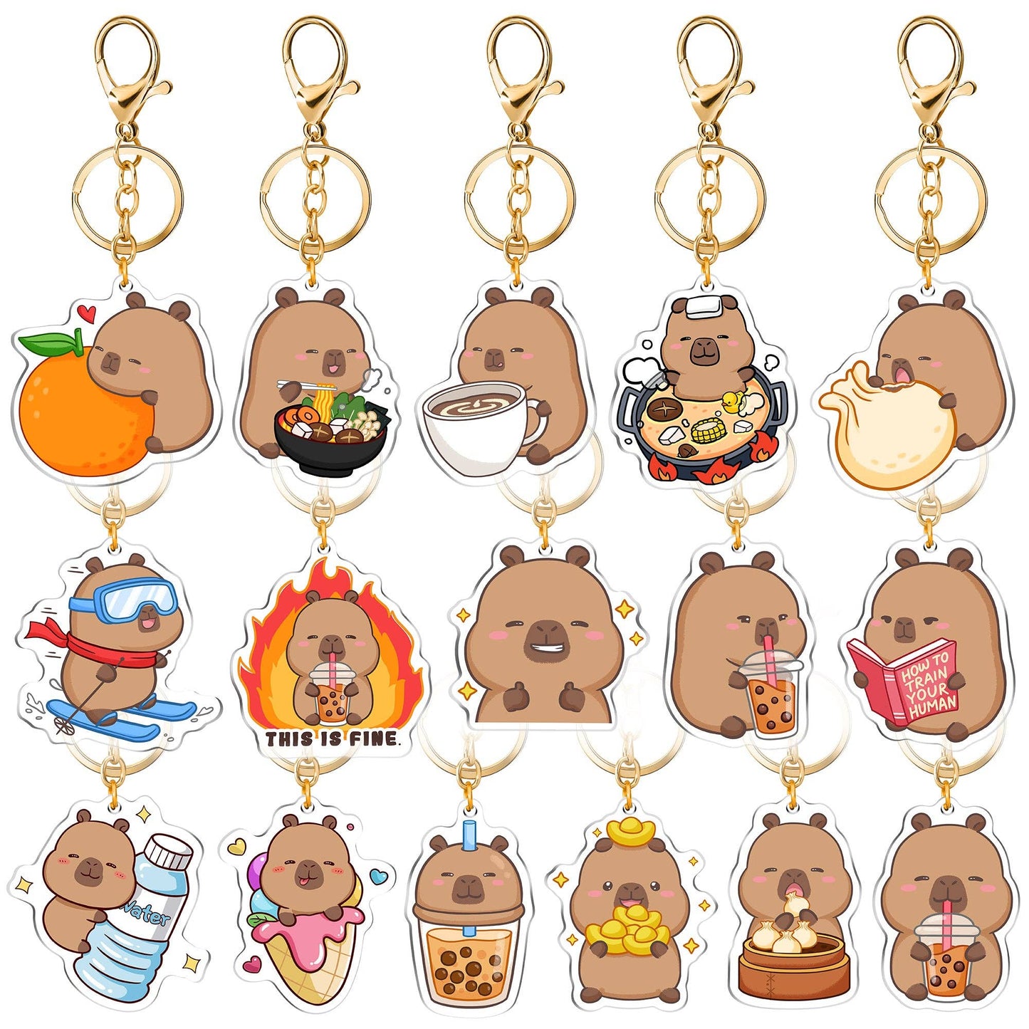 CapyFun - Capybara Acrylic Keychain Cute Kawaii Dumpling Boba Tea Coffee Ice Cream Reading Orange Ramen Foodie Hot Pot Holiday Gift For Her