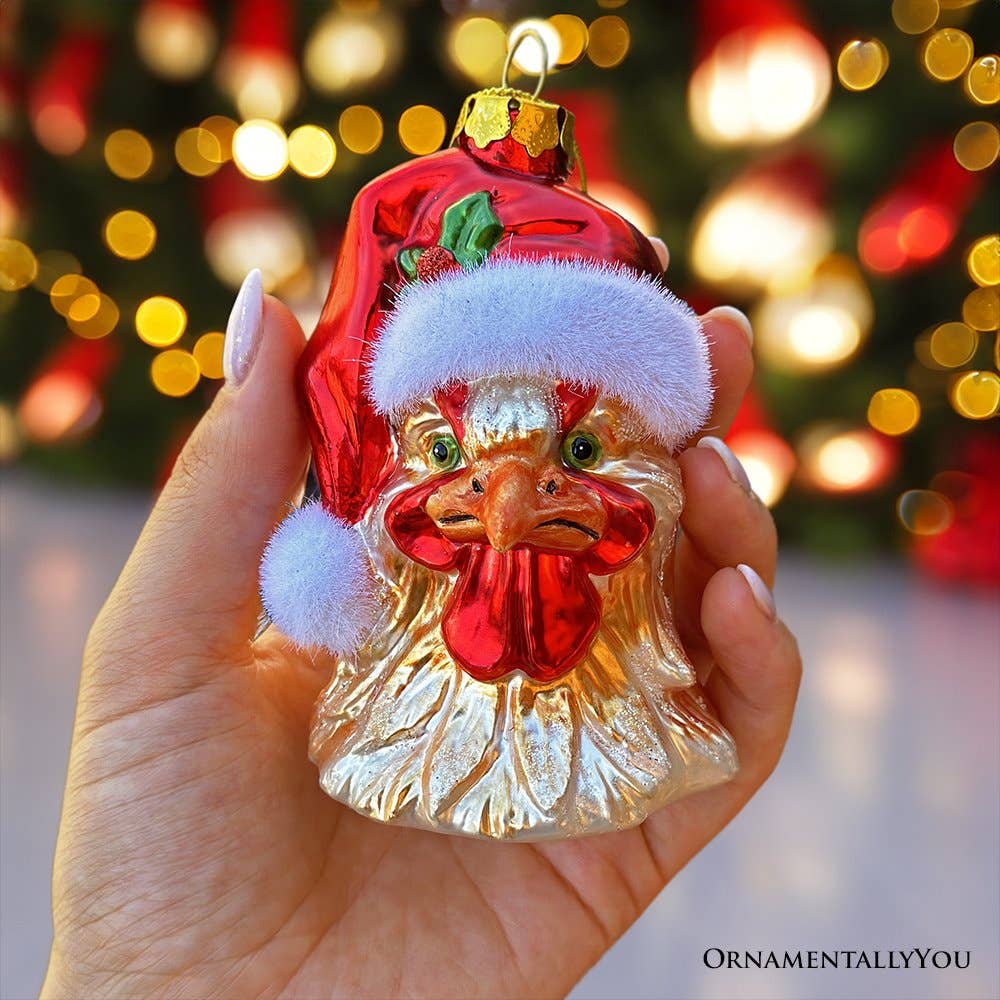 Rooster with Santa Hat Handblown Glass Christmas Ornament