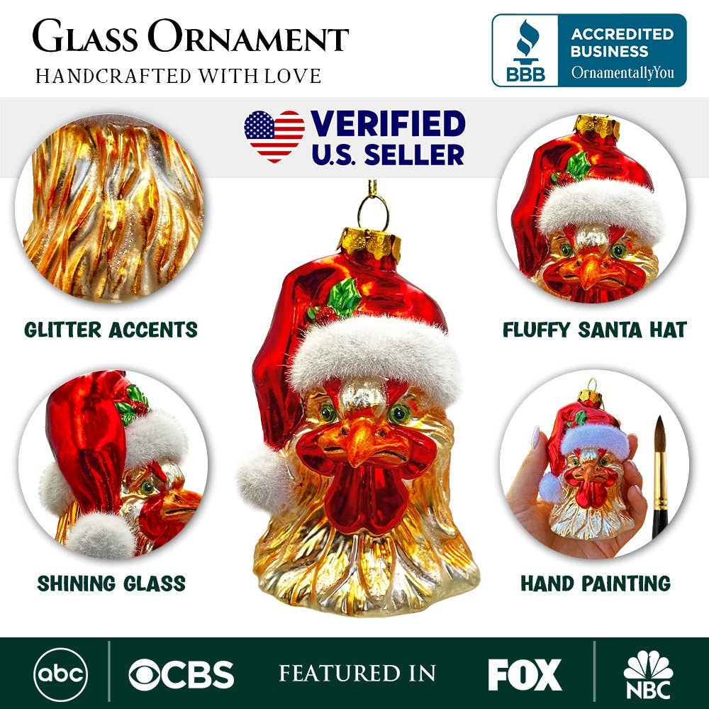 Rooster with Santa Hat Handblown Glass Christmas Ornament