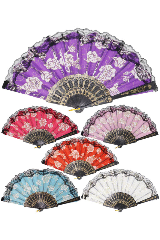 Cap Zone - Rose Gold Glitter Lace Trim Hand-Held Folding Fan