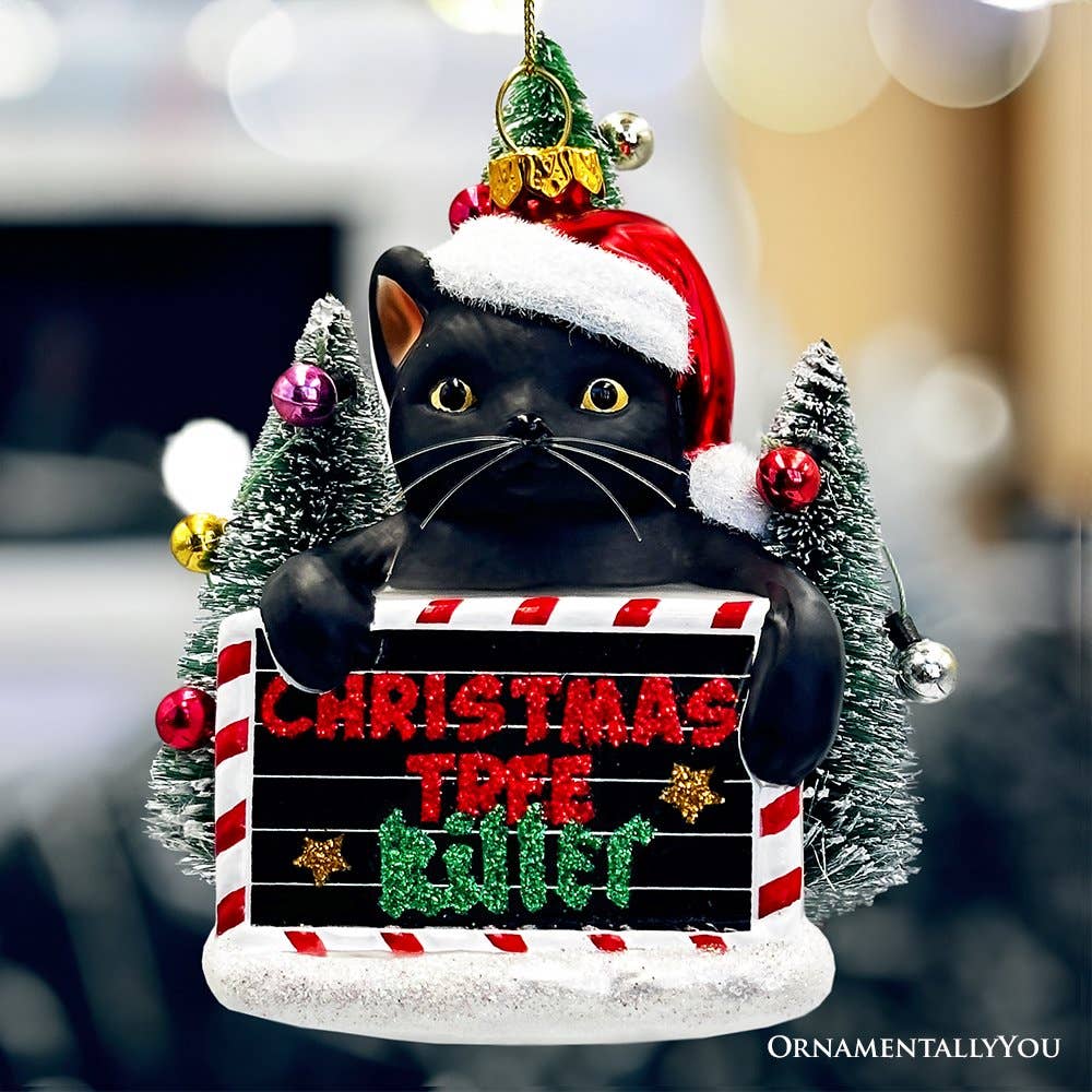 Christmas Tree Killer Funny Black Cat Glass Ornament