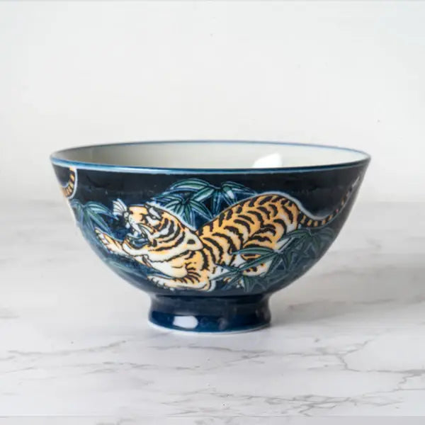 Urban Tokyo - Tiger Design 10oz 4.5"Dia x 2.5"H Porcelain Rice Bowl Navy