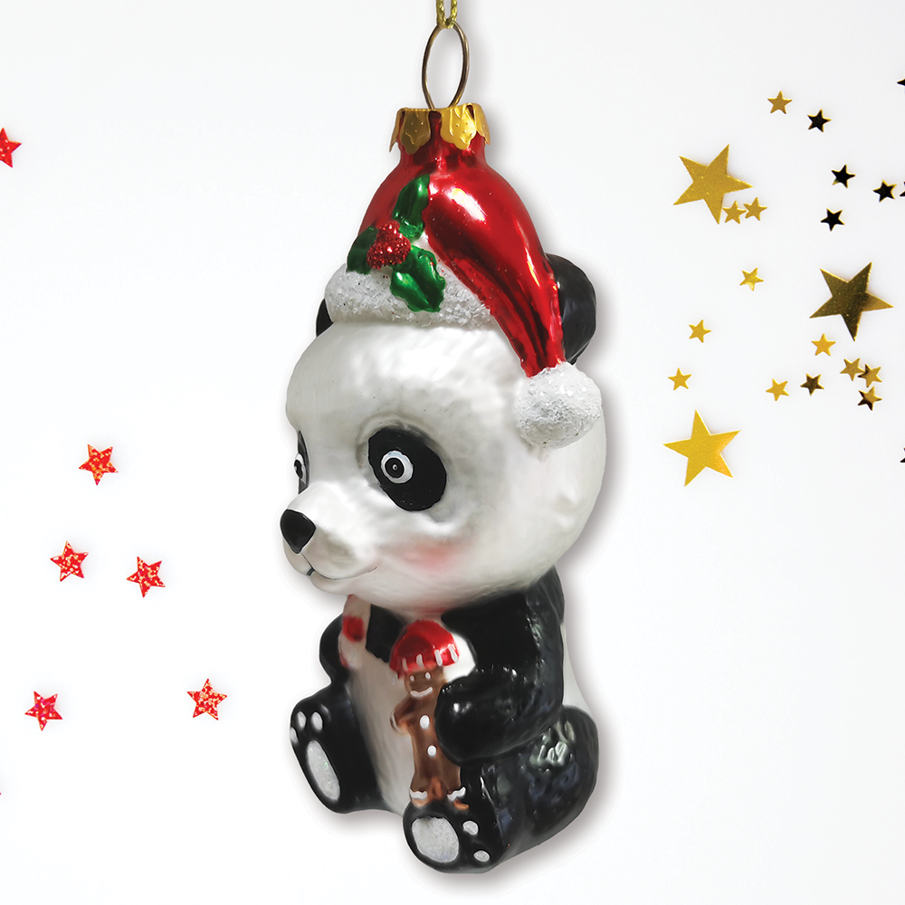 Cute Panda with Santa Hat and Gift Blown Glass Ornament