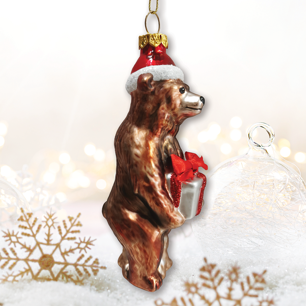 Grizzly Bear with Santa Hat and Gift Glass Ornament