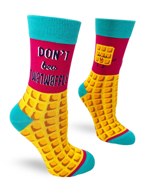 Funny ladies' crew socks with saying "Don't Be a Twatwaffle"