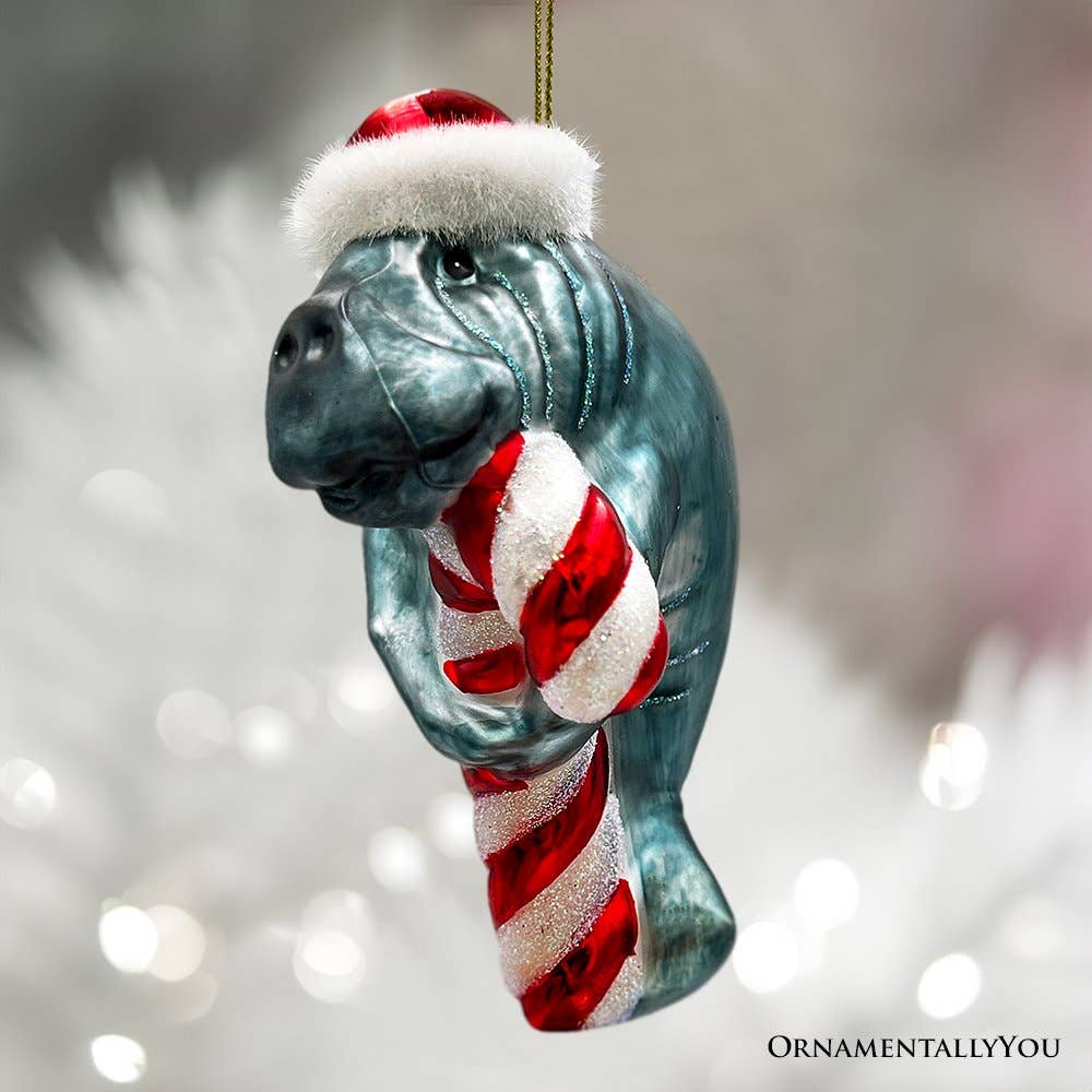 Aquatic Manatee Glass Christmas Ornament, Sea Cow Coastal